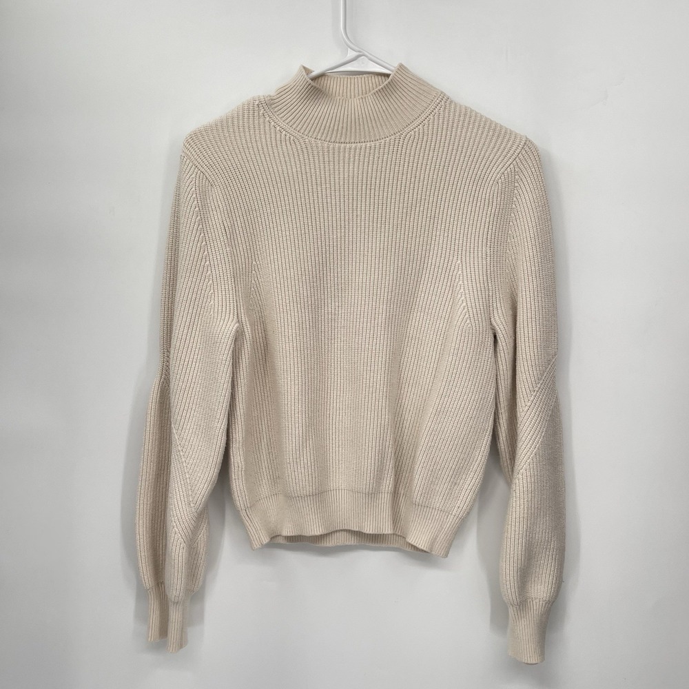 Zara Medium Ribbed Mock Neck Sweater Womens Cream Balloon Sleeve Chevron Knit